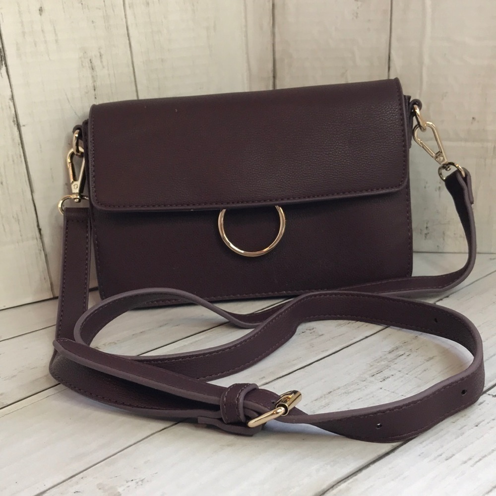 LOFT Wine Crossbody Bag with Goldtone Ring/Hardware and Detachable Strap